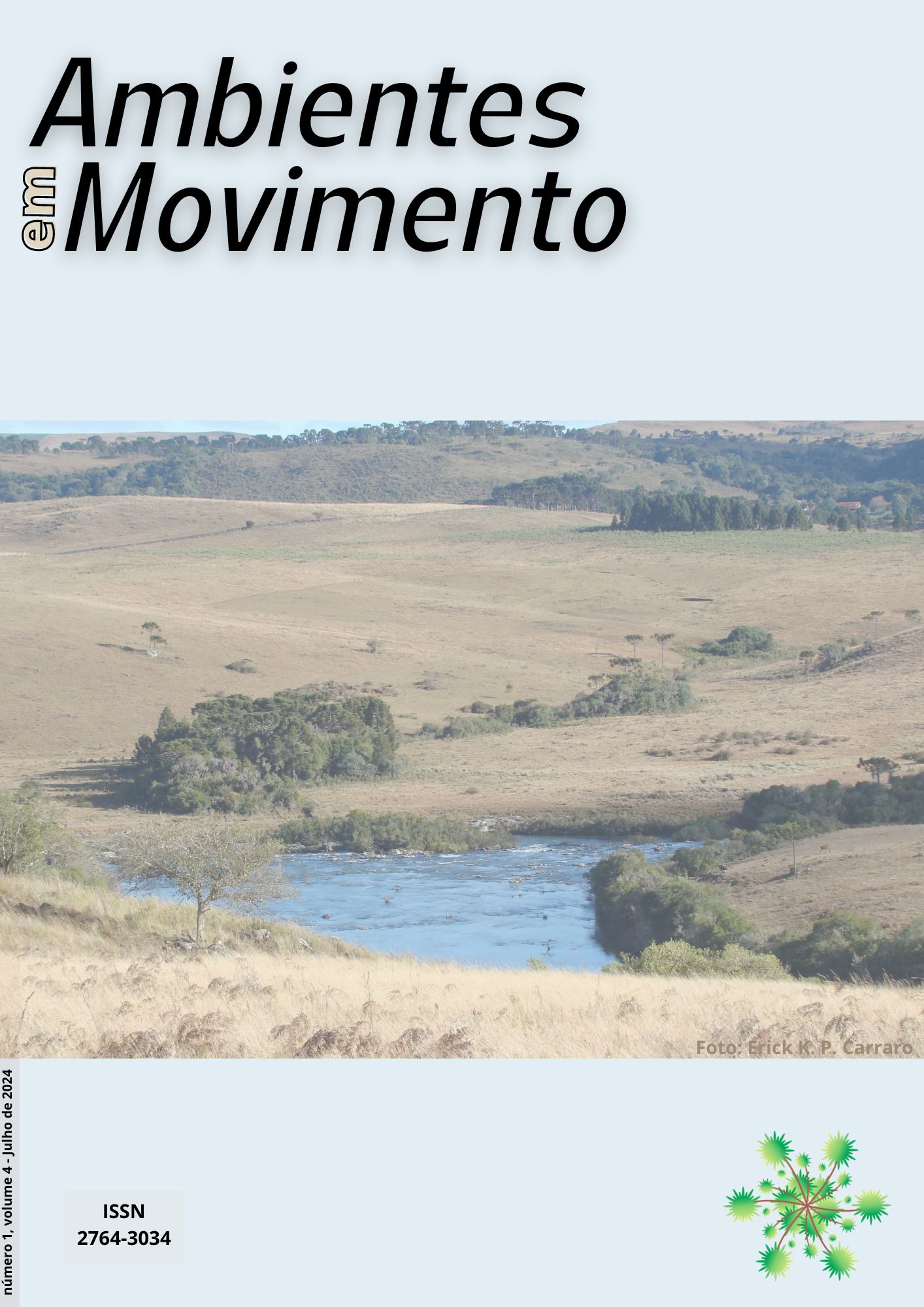 Revista Ambientes em Movimento. Volume 4 número 1. Foto com Paisagem de campos nativos e córrego, com cores predominantes de verde e azul.