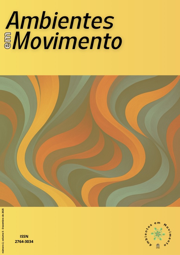 Capa: Revista Ambientes em Movimento. Número 2, volume 5. Dezembro de 2025. Imagem centralizada com ondas coloridas, com matizes de azul, laranja, verde, vermelho e amarelo.
