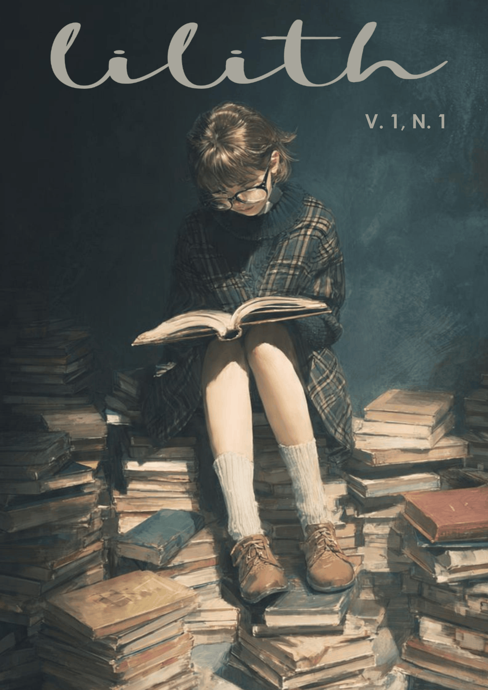 Ilustração de uma menina lendo um livro enquanto está sentada sobre várias pilhas de outros livros