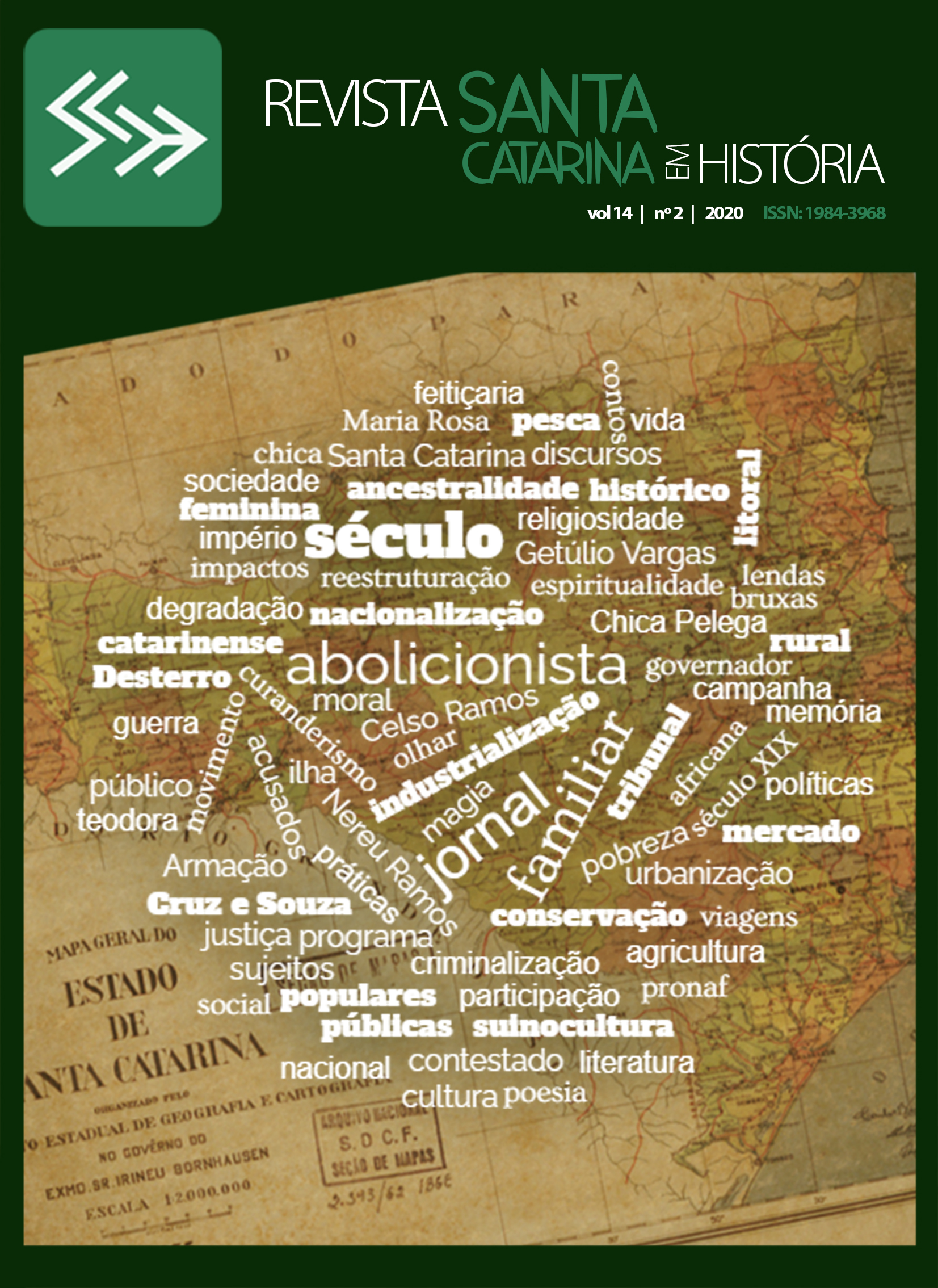 Capa da edição contendo um mapa antigo de Santa Catarina com nuvem de palavras que estão presentes nos artigos